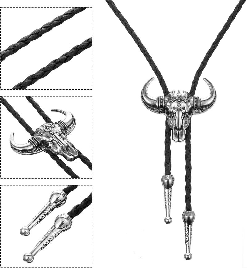 ElevateTech Bolo Tie for Men Rodeo Cowboy Leather Necktie Western Necklace Silver Bolo Necktie Cow Skull Cowboy Tie Halloween Costume Accessories Christmas Gift Men Women - Image 5